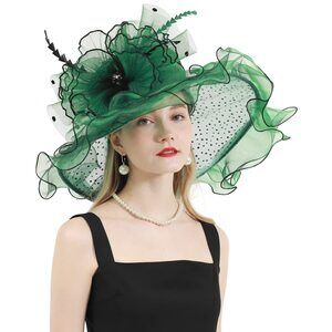 Women's Organza Derby Church Hat Wide Brim Fascinator British Wedding 2474